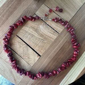 Artisan Bead Necklace 17 Inch Red Orange Fossil Coral Crystal Chip Chunky Toggle